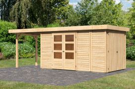 Berging / tuinhuis SET onbehandeld met aanbouw bergruimte/ kast, aanbouwdak 2,4 m breed, grondoppervlakte: 7,94 m²