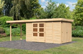 Berging / tuinhuis SET onbehandeld met aanbouw bergruimte/ kast, aanbouwdak 2,8 m breed, grondoppervlakte: 7,94 m²