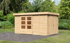 Berging / tuinhuis SET onbehandeld met aanbouw bergruimte/ kast, grondoppervlakte: 9.03m²