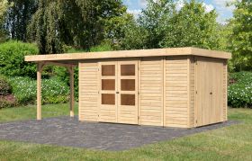 Berging / tuinhuis SET onbehandeld met aanbouw bergruimte/ kast, aanbouwdak 240 cm, grondoppervlakte: 9,03m²