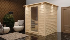 Sauna "Jonna" SET met heldere glazen deur, boven lijst & kachel externe regeling easy 9 KW - 224 x 210 x 206 cm (B x D x H)