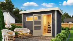 Buitensauna / saunahuis "Linnea 2" SET met moderne deur & kachel 9 kW, kleur: terra grijs - 336 x 231 cm (b x d), grondoppervlakte: 7 m².
