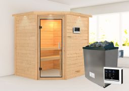 Sauna "Kirsa" SET ACTION met heldere glazen deur, kroon & kachel externe controle gemakkelijk 9 KW - 224 x 184 x 202 cm (B x D x H)