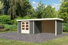 Berging / tuinhuis SET terra grijs met 2,8 m aanbouwdak, zij- en achterwand, grondoppervlakte: 7,21 m²
