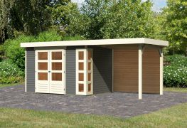 Berging / tuinhuis SET met aanbouwdak en incl. achterwand, kleur: terra grijs, grondoppervlakte: 6.35 m²