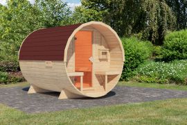 Buitensauna vat- barrelsauna 2 SET met dakshingles rood , kleur: onbehandeld- 225 x 295 cm (B x D), grondoppervlakte: 6,6 m²
