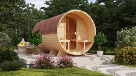 Buitensauna vat- barrelsauna 3 SET incl. 2 banken, volledig glazen deur, voorruimte en BIO 9 kW kachel, kleur: onbehandeld - 225 x 385 cm (B x D), grondoppervlakte: 8,6 m².