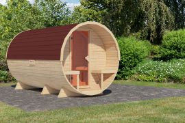 Buitensauna vat- barrelsauna 3 SET incl. 2 banken, volledig glazen deur, voorruimte en dakshingles, kleur: onbehandeld - 225 x 385 cm (B x D), grondoppervlakte: 8,6 m².