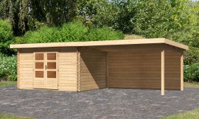 Berging / tuinhuis SET met lessenaarsdak incl. aanbouw dak & achterwand, kleur: onbehandeld, grondoppervlakte: 9,52 m²