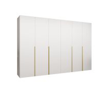 Draaideurkast met zes draaideuren Eiger 49, kleur: wit, Soft-Close functie, vier vakken, kledingkast, handgrepen: goud, 3 meter breedte, vier kledingstangen