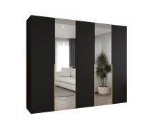 Kleiderschrank / Drehtürenschrank Eiger 96, Farbe: Schwarz, 2,5 Meter breit, zwei Spiegeltüren, drei Kleiderstangen, Griffe: Gold, drei Fächer, Soft-Close-Funktion