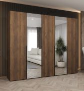 Kleiderschrank mit fünf Türen | Farbe: Walnuss | zwei Spiegeltüren | Soft-Close-Funktion | 2,5 Meter breit | Griffe: Schwarz | drei Kleiderstangen | drei Fächer