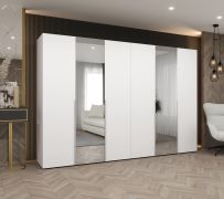 Kleiderschrank / Drehtürenschrank mit zwei Spiegeltüren Eiger 103, Farbe: Weiß, vier Kleiderstangen, 3 Meter breit, Griffe: Kaschmir, Soft-Close-Funktion, vier Fächer