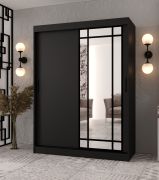 Schuifdeurenkast | Matzwart | decoratieve spiegeldeur | 150 x 62 x 200 cm | 5 vakken | 2 kledingstangen | Schuifdeurenkast | Elegante uitvoering