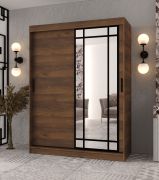 Schuifdeurenkast | Kleur: Walnoot Warmia | decoratieve spiegeldeur | 150 x 62 x 200 cm | 5 vakken | 2 kledingstangen | Schuifdeurenkast | Elegante uitvoering