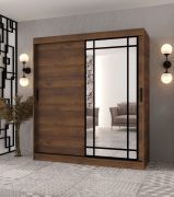 Kledingkast / Kast met schuifdeuren | Kleur: Walnoot Warmia | Decoratieve spiegeldeur | 180 x 62 x 200 | 10 vakken | 2 kledingstangen | Moderne details