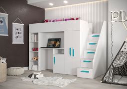 Functioneel bed / kinderbed / hoogslaper met opbergruimte en bureau Jura 21, kleur: wit / turquoise - afmetingen: 165 x 247 x 120 cm (H x B x D)