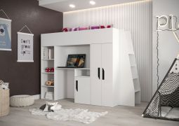 Hoogslaper / kinderbed / functioneel bed in één met bureau, trap en veel opbergruimte Jura 33, kleur: wit / zwart - matrasmaat: 90 x 200 cm
