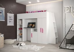 Hoogslaper / kinderbed / functionele bedcombinatie met bureau, trap en veel opbergruimte Jura 31, kleur: wit / roze - ligoppervlak: 90 x 200 cm