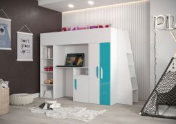 Functioneel bed / kinderbed / hoogslaper met opbergruimte en bureau Jura 25, kleur: wit / turquoise - afmetingen: 165 x 230 x 95 cm (H x B x D)