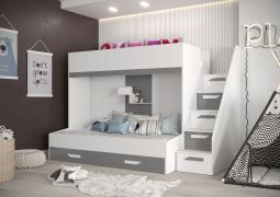 Stapelbed / kinderbed / functionele bedcombinatie - met bedlade en trap, Jura 37, wit / grijs - matrasbodem: 90 x 200 cm / 90 x 185 cm