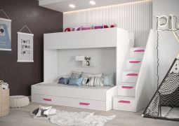 Stapelbed / kinderbed / functionele bedcombinatie - met bedlade en trapje, Jura 40, wit / roze - matrasbodem: 90 x 200 cm / 90 x 185 cm