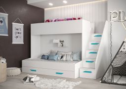 Stapelbed / kinderbed / functionele bedcombinatie - met bedlade en trapje, Jura 39, wit / turkoois - matrasbodem: 90 x 200 cm / 90 x 185 cm
