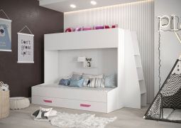 Stapelbed / kinderbed / functionele bedcombinatie met trap, bedlade en wandplank, Jura 49, wit / roze - matrasbodem: 90 x 200 cm / 90 x 185 cm