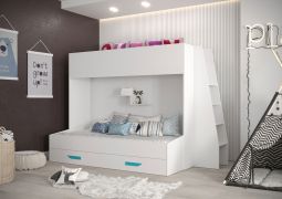 Stapelbed / kinderbed / functionele bedcombinatie met trap, bedlade en wandplank, Jura 48, wit / turkoois - matrasbodem: 90 x 200 cm / 90 x 185 cm