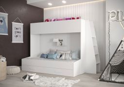 Stapelbed / kinderbed / functionele bedcombinatie met trap, bedlade en wandplank, Jura 47, wit - matrasbodem: 90 x 200 cm / 90 x 185 cm