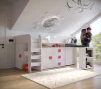 Elegant functioneel bed / kinderbed met opbergruimte en bureau Jura 58, modieus en functioneel, kan gespiegeld worden opgesteld, kleur: wit / roze, ligvlak: 90 x 200 cm, ABS randbescherming
