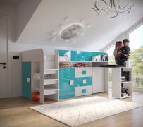 Duurzaam functioneel bed / kinderbed met opbergruimte en bureau Jura 52, robuust, ABS randbescherming, kleur: wit / turquoise, ligvlak: 90 x 200 cm, zeven vakken