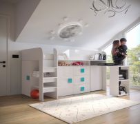 Functioneel bed / kinderbed met opbergruimte en bureau Jura 57, duurzaam en robuust, ABS randen, kleur: wit / turquoise, ligvlak: 90 x 200 cm, zeven vakken 