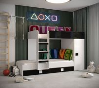 Functioneel bed / kinderbed met één lade (onderschuifbed) Jura 63, kleur: wit / zwart, glanzende fronten, ligvlak: 90 x 200 cm, bodem: 85 x 200 cm, kan gespiegeld worden opgesteld