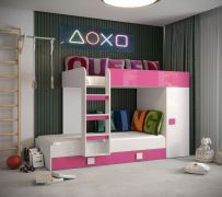 Functioneel bed / kinder stapelbed met lade Jura 62, 3 slaapplaatsen, kleur: wit / roze, ligvlak: 90 x 200 cm, 85 x 200 cm, vriendelijke en uitnodigende sfeer