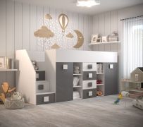 Functioneel bed / kinderbed met moderne uitstraling, trap: links, Jura 73, kleur: wit / grijs, ligvlak: 90 x 200 cm, ABS randbescherming, multifunctioneel