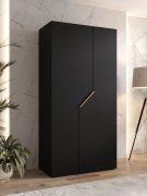 Kleiderschrank / Drehtürenschrank | Farbe: Schwarz | 1 Meter breit | 1 Fach | 1 Kleiderstange | Griffe: Gold | Maße: 100 x 52 x 202 cm | Soft-Close-Funktion | ABS