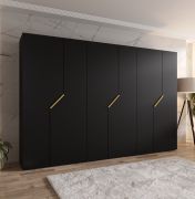 Draaideurkast | kleur: zwart | 6 deuren | 3 kledingstangen | ABS randen | handgrepen: goud | afmetingen: 300 x 52 x 202 cm | Soft-Close functie | 3 vakken