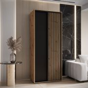 Tharo kledingkast in eiken/zwart met schuifdeuren, 1 meter breed, uitschuifbare metalen stangen, ook geschikt voor woonkamers, veel opbergruimte, moderne look