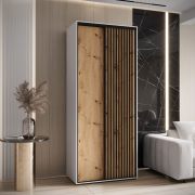Moderne kledingkast Mina in wit/eiken met schuifdeuren, veel opbergruimte, metalen handgrepen in zwart, moderne uitstraling, stofwerende borstels, 235,2 x 110 x 60 cm