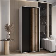 Tharo-schuifdeurenkast in zwart/wit, 235,2 x 120 x 45 cm, ook geschikt voor de woonkamer, stofwerende borstels, zwarte metalen handgrepen, veel vakken