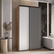 Tharo schuifdeurkast in eiken/wit, ook geschikt voor de woonkamer, anti-stofborstels, zwarte metalen handgrepen, ruimtebesparend, 235,2 x 130 x 45 cm