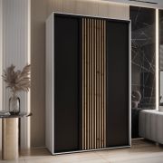Schuifdeurkast Tharo in zwart/wit, 235,2 x 150 x 45 cm, ook geschikt voor de woonkamer, anti-stofborstels, zwarte metalen handgrepen, ruimtebesparend