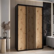 1,5 meter brede schuifdeurenkast Tharo in zwart/eiken, ook geschikt voor de woonkamer, stofwerende borstels, metalen handgrepen in zwart, robuust