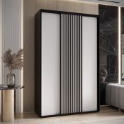 Kledingkast Tharo 1,5 meter breed met schuifdeuren in zwart/wit, moderne look, legplanken, ook geschikt voor woonkamer, anti-stofborstels