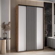 Schuifdeurenkast Mina in wit/eiken, 235,2 x 150 x 60 cm, metalen handgrepen in zwart, front van gelamineerd plaatmateriaal (16 mm), ruimtebesparend