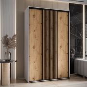 Tharo-schuifdeurenkast in wit/eiken, metalen handgrepen in zwart, ook geschikt voor de woonkamer, ruimtebesparend, veel opbergruimte, 235,2 x 160 x 45 cm