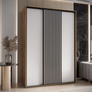 Tharo schuifdeurkast met veel opbergruimte in wit/eiken, ook geschikt voor woonkamers, antistofborstels, zwart metalen handvat, 235,2 x 170 x 45 cm