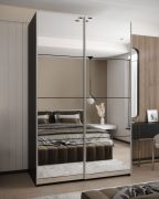 Kleiderschrank / Schiebetürenschrank | Spiegel | 245,5 x 150 x 64 cm | Soft-Close | Farbe: Schwarz | 2 Kleiderstangen | 2 Schiebetüren | 6 Fächer