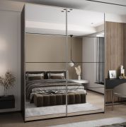 Kleiderschrank / Schiebetürenschrank | 11 Fächer | Soft-Close | 245,5 x 190 x 64 cm | 2 Kleiderstangen | 2 Schiebetüren | Farbe: Schwarz | Spiegel